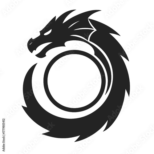 Black vector dragon icon coiled around an orb, symbolizing ancient wisdom, protection, and the mystical essence of fantasy worlds.