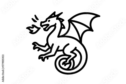 Black vector icon of a flying dragon with wings open and tail curled, representing strength, freedom, and mythical fantasy energy.