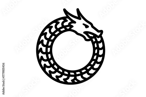 Minimal black ouroboros dragon vector showing a circular dragon biting its tail, ideal for logos, mystical themes, and fantasy symbolism.