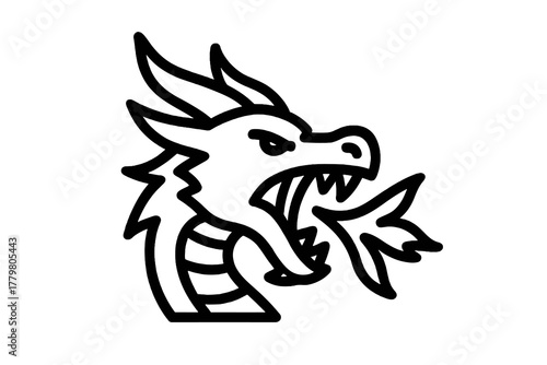 Minimal black dragon head vector with flames and horns, representing mythical beasts and fantasy energy, perfect for icons, emblems, or branding.