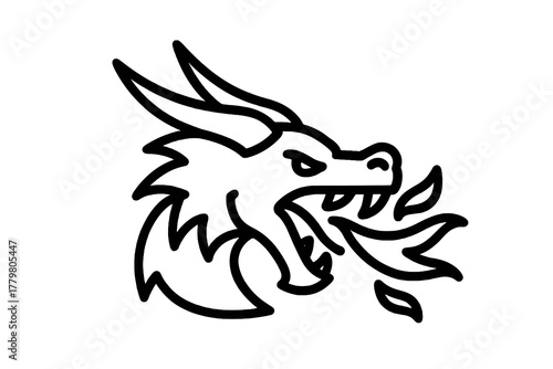 Black vector icon of a dragon head breathing fire, symbolizing strength, mythology, and fantasy power, ideal for gaming or tattoo designs.