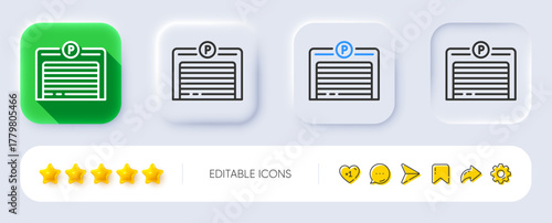 Parking garage line icon. Neumorphic, Flat shadow, 3d buttons. Auto park sign. Car place symbol. Line parking garage icon. Social media icons. Vector