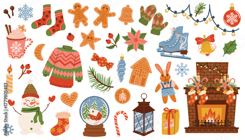 Festive Christmas set with fir branch, toy, hot chocolate, candy cane, gingerbread, snowman, skate, snow globe, and fireplace. Cozy winter holiday mood in flat cartoon style for decoration.