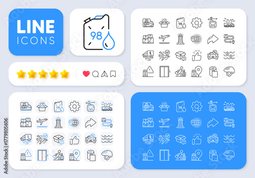 Paper wallpaper, Confirmed flight and Petrol canister line icons for web app. Message, Share, Like social media icons. Pack of Petrol station, Cash transit, Metro pictogram icons. Vector