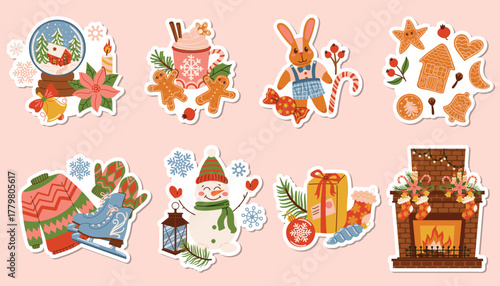 Cute Christmas sticker set of hygge compositions with fir branch, cocoa, candy cane, gingerbread, snowman, skate, snow globe, and fireplace. Cozy holiday mood in flat cartoon illustration style.