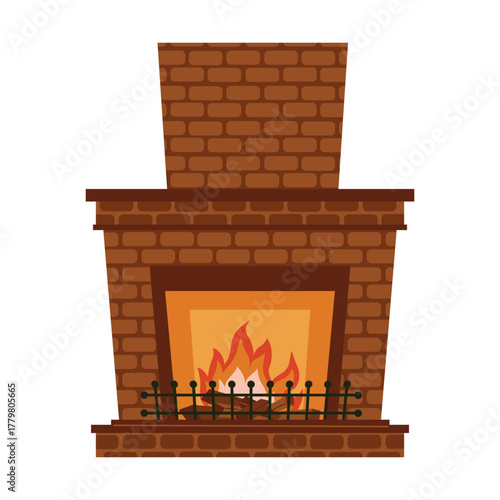 Cozy brick fireplace with burning fire in flat cartoon style. Warm holiday atmosphere illustration perfect for Christmas decor, greeting cards, posters, and winter home design projects.