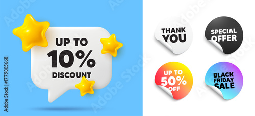 Discount tag speech bubble, sticker tags. Discount, Black friday stickers. Up to 10 percent discount tag. Sale offer price sign. Special offer symbol. Save 10 percentages. Thank you tag. Vector