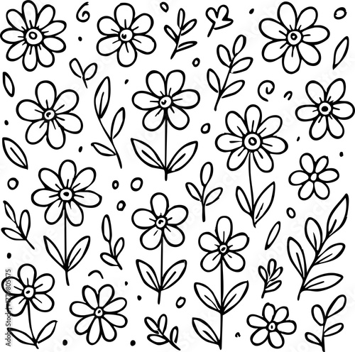Floral Doodle Background in Black and White