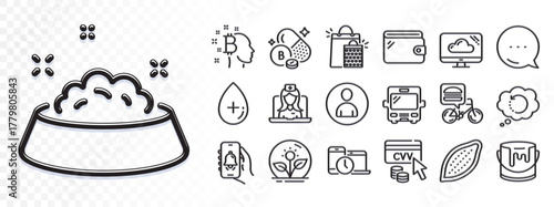 Dog feeding, Recovery data and Boron mineral line icons for web app. Glare of light effect. Message icon. Pack of Telemedicine, Cloud storage, Oil serum pictogram icons. Vector