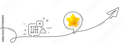 Binary code line icon. Continuous line with share plane. Ransomware threat sign. Cyber attack symbol. 3d star in speech bubble. Binary code single line ribbon. Loop curve pattern. Vector
