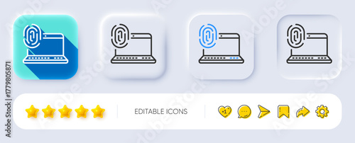 Computer fingerprint line icon. Neumorphic, Flat shadow, 3d buttons. Finger print scan sign. Biometric identity symbol. Line computer fingerprint icon. Social media icons. Vector