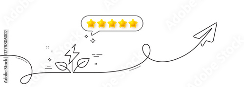 Eco power line icon. Continuous line with share plane. Clean electric energy sign. Charging symbol. Five star rate review in speech bubble. Eco power single line ribbon. Loop curve pattern. Vector