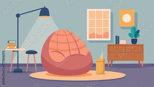 A bedroom with a giant knit bean bag chair paired with a small wooden side table and a floor lamp.