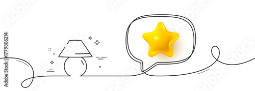 Table lamp line icon. Continuous line with 3d star. Bedside light sign. Interior illuminate symbol. 3d star in speech bubble. Table lamp single line ribbon. Loop curve pattern. Vector