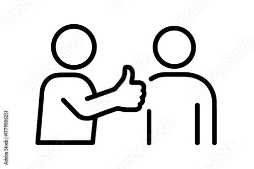 Minimalistic black-and-white pictogram of a person showing thumbs up to another person, clean vector lines, flat modern design
