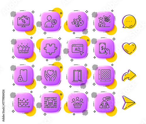 Stars, Dot plot and Puzzle line icons. App 3d buttons. Social media comment, share, like icons. Pack of Buyers, Hold heart, Work home icon. Receive money, Find user, Lock pictogram. Vector