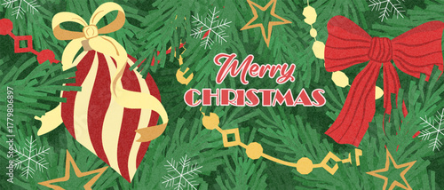 Merry Christmas, Happy New Year poster. Trendy banner with pine branches, red coquette ribbon bow, golden garland on textured background. Xmas Contemporary minimalist card, cover, social media. 