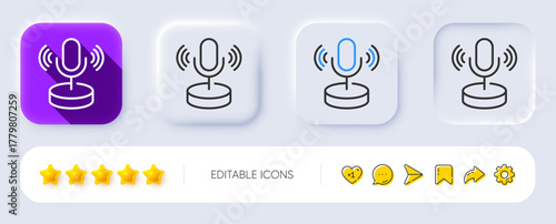 Microphone line icon. Neumorphic, Flat shadow, 3d buttons. Podcast mic sign. Radio interview symbol. Line microphone icon. Social media icons. Vector