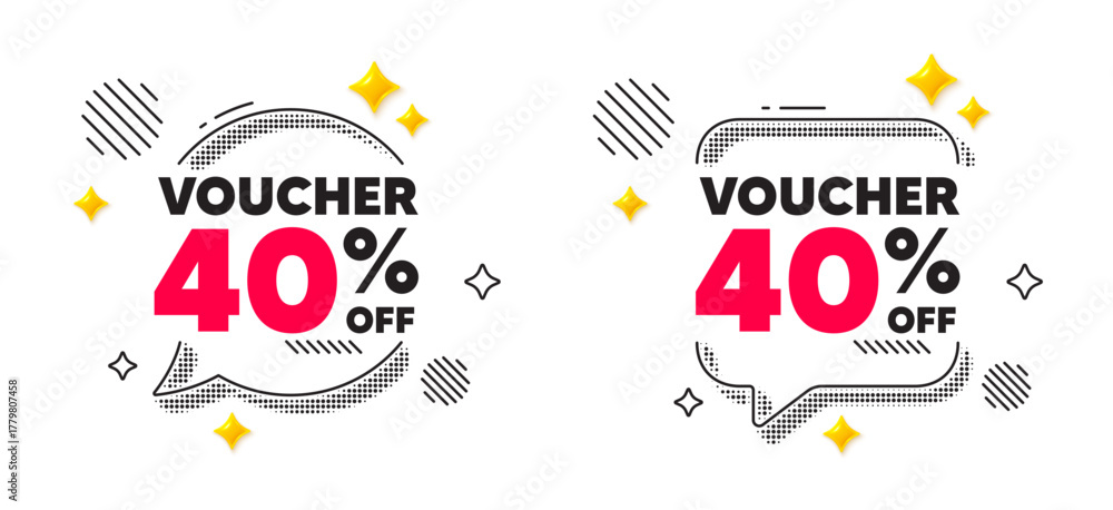 Naklejka premium Coupon chat speech bubble. Social media concept. Voucher 40 percent off sale. Special offer coupon sign. Black friday discount symbol. 3d flare stars chat bubble. Vector