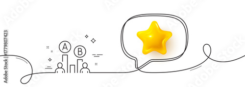 Ab testing line icon. Continuous line with 3d star. Ui test chart sign. 3d star in speech bubble. Ab testing single line ribbon. Loop curve pattern. Vector