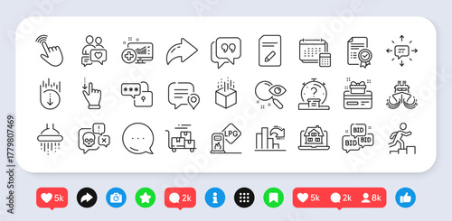 Shower, Sms and Quiz line icons pack. Social media: share, comment, like icons. Leader run, Loyalty card, Realtor web icon. Cyber attack, Account, Cursor pictogram. Search, Quote bubble, Lock. Vector