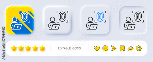 Computer fingerprint line icon. Neumorphic, Flat shadow, 3d buttons. Finger print scan sign. Biometric identity symbol. Line computer fingerprint icon. Social media icons. Vector