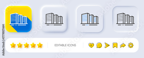 Buildings line icon. Neumorphic, Flat shadow, 3d buttons. City architecture sign. Skyscraper building symbol. Line buildings icon. Social media icons. Vector