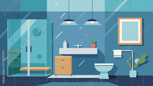 A bathroom with a floating vanity and a frameless glass shower.