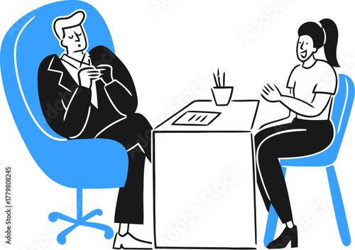 Job interview process illustration with candidate and interviewer in office setting meeting concept  isolated on transparent background, vector illustration
