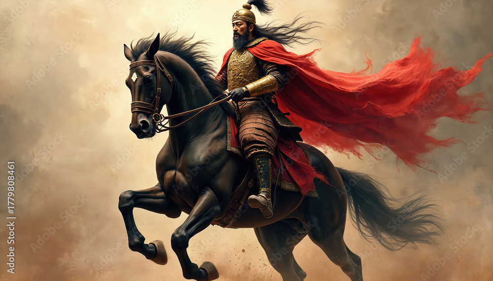 Fototapeta premium Ancient Chinese general rides a black horse. Man wears traditional armor and red cape. Horse rears up on hind legs. General has long hair and beard blowing in the wind. Background is a cloudy sky.