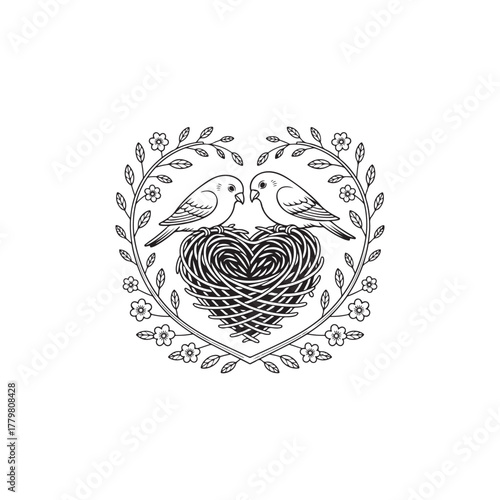 Floral heart design with two birds nesting a beautiful black silhouette