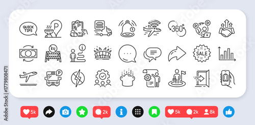 Grill place, Quickstart guide and Airplane wifi line icons pack. Social media: share, comment, like icons. Teamwork, Food delivery, 360 degree web icon. Vector