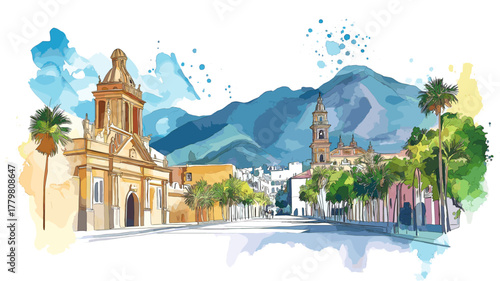 Santiago ? Cerro San Cristobal & Plaza de Armas. Santiago ? Cerro San Cristobal & Plaza de Armas hand drawn watercolor illustration