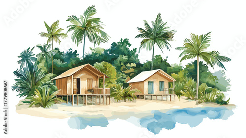 Saint-Laurent-du-Maroni Camp. Saint-Laurent-du-Maroni Camp hand drawn watercolor illustration