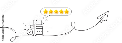 Bill Accounting line icon. Continuous line with share plane. Business audit sign. Check finance symbol. Five star rate review in speech bubble. Bill accounting single line ribbon. Vector