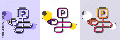 Charging parking line icon. Halftone dotted pattern. Gradient icon with grain shadow. Car charge place sign. Electric power plug symbol. Line charging parking icon. Various designs. Vector