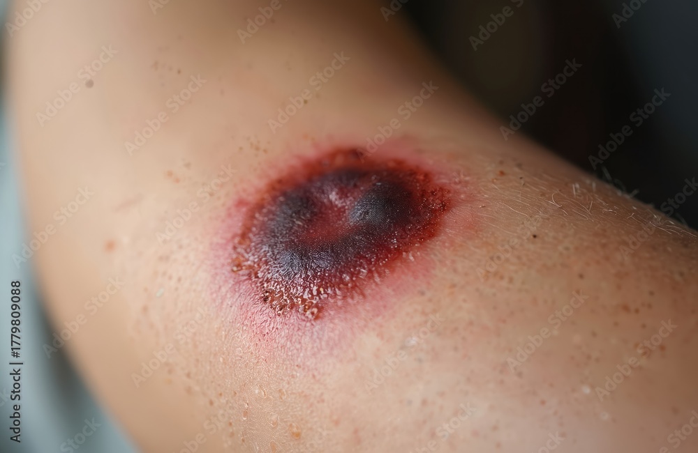 Fototapeta premium Close up of a dark irregular mole on a persons arm indicating potential skin cancer. Medical check needed for abnormal growth. Early detection is vital for treatment. Health awareness photo.