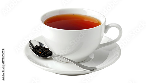 A cup of black tea sits on a saucer with a spoon holding tea leaves, isolated on a transparent background