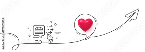 Food delivery line icon. Continuous line with share plane. Truck courier sign. Catering service symbol. 3d heart in speech bubble. Food delivery single line ribbon. Loop curve pattern. Vector