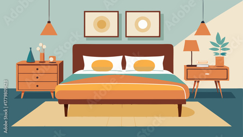 A bedroom featuring a midcentury modern bed frame and vintage bedside tables styled with Scandinavian bedding and a knotted rug.