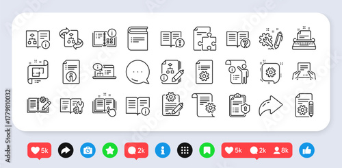 Technical document line icons. Social media: share, comment, like icons. Set of Plan, Instruction and Manual icons. Help document, Building plan and Algorithm symbols. Vector