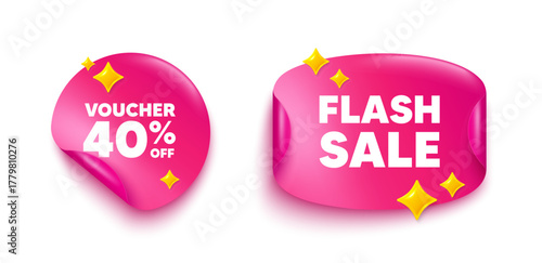 Coupon sticker tag. Flash offer paper price banner. Voucher 40 percent off sale. Special offer coupon sign. Black friday discount symbol. Discount sticker with 3d glitter. Vector