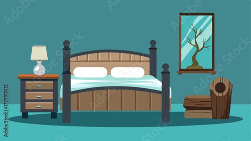 A bedroom with a rustic log bed frame and bedside tables paired with a sleek metal and glass dresser.