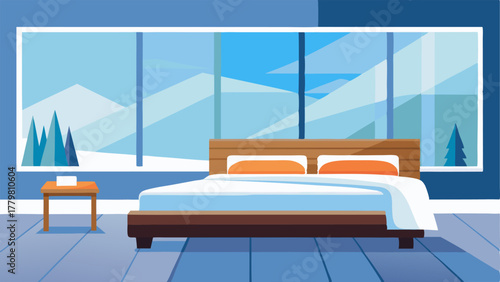 A bedroom with clean white walls a simple platform bed and a large window overlooking a snowy landscape.