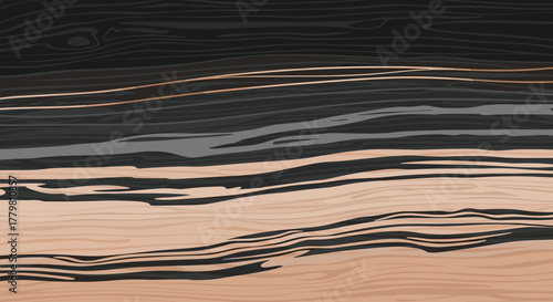 Abstract wood texture, smooth lines, natural pattern, black and beige colors, copy space