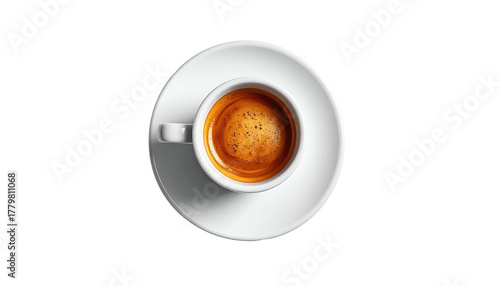 Overhead view of a small white coffee cup with dark brown espresso on a saucer against a stark black background