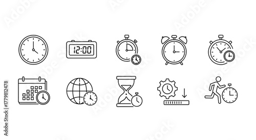A meticulously curated collection of clock icons, presented in a clean, ordered line set against a crisp white background, symbolizing the passage of time and the essence of punctuality, perfect for