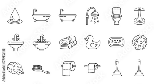 A clean and modern vector icon set featuring essential bathroom and shower-related items, including a water drop, bathtubs, sinks, shower head, toilet, plunger, soap, towels, bath sponge, toilet
