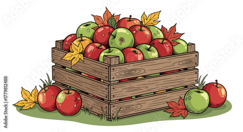 A rustic wooden crate overflowing with a vibrant assortment of freshly harvested red and green apples, adorned with colorful autumn leaves, symbolizing the bounty of the harvest season. This