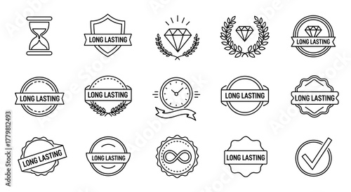 Collection of long-lasting icons, logos, labels, badges, stickers, emblems, and stamps. This set features a clean, flat vector design with isolated illustrations on a black background, perfect for